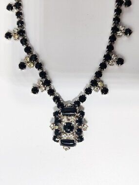 Vintage Black Milk Glass Rhinestone Collar Necklace